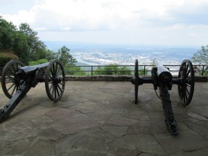 Confederate cannons at Point Park Lookout Mountain with a view of Chattanooga and the Tennessee River in the background